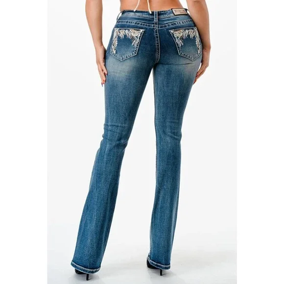 Grace in LA Women's Western Feather Embroidered Stonewashed Bootcut Jeans - Picture 3 of 3